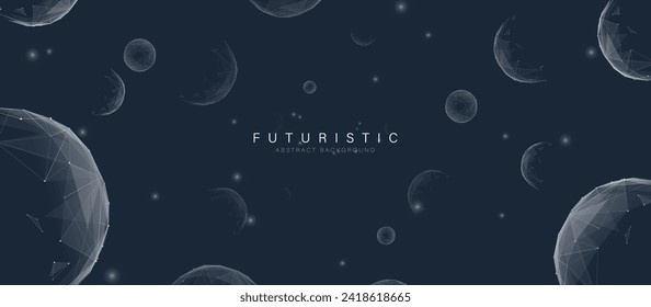 Abstract white Spheres in a dark background. Abstract planet in space. Abstract molecule. Low poly wireframe, lines. Illustration vector