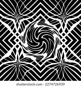 Abstract white spiral with line on black seamless. Fashion graphic background design. Modern abstract texture. Monochrome template for prints, textiles, wrapping, wallpaper. Vector illustration