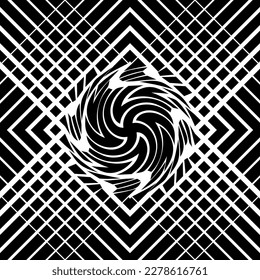 Abstract white spiral with line on black seamless. Fashion graphic background design. Modern abstract texture. Monochrome template for prints, textiles, wrapping, wallpaper. Vector illustration