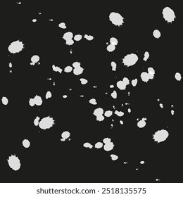 Abstract white splashes. Random paint drops. Black background vector. Scattered ink spots.