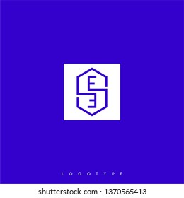 abstract white square with hexagon shape inside and EE logo letters design concept with blue background