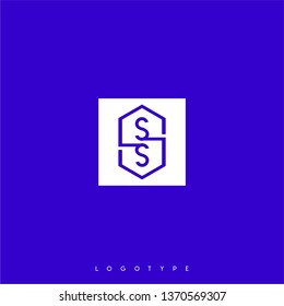 abstract white square with hexagon shape inside and SS logo letters design concept with blue background