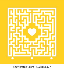 Abstract white square maze. Find the right path to the heart. Labyrinth conundrum. Love search concept. Flat vector illustration isolated on color background