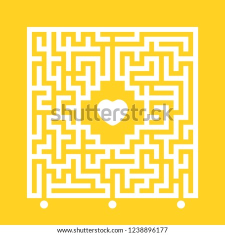 Abstract white square maze. Find the right path to the heart. Labyrinth conundrum. Love search concept. Flat vector illustration isolated on color background