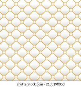 Abstract white squares background with golden chain decoration and pearls in corners. Luxury wallpaper for your designs