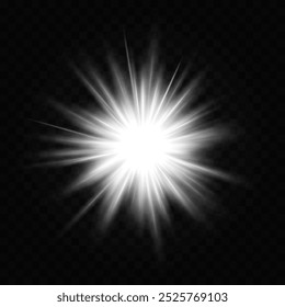 Abstract white star explosion. Glowing starburst effect isolated on dark background. Radiant beams with bright glowing center. Graphical patch of reflected light. Lens flare. Vector illustration.