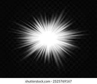 Abstract white star explosion. Glowing starburst effect isolated on dark background. Radiant beams with bright glowing center. Graphical patch of reflected light. Lens flare. Vector illustration.