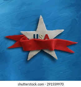 Abstract white star on blue background with red banner ribbon, for 4 July American Independence Day and other events. Vector illustration. Plasticine modeling.