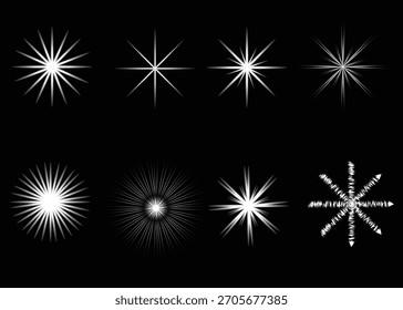 Abstractas estrellas blancas, destellos de luz, destellos brillantes y Elementos de efecto de lente ideales para proyectos de Diseño gráfico, superposiciones.