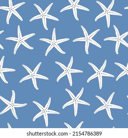 Abstract white starfish seamless pattern on blue background.