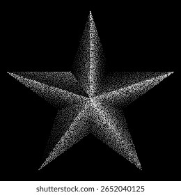 Abstrakter, weißer Farbverlauf-Halbtonstern, gepunktete Texturen auf isoliertem Hintergrund. Geometrisches Rauschen sternförmig, Muster sind aus einfachen Punkten und Körnern. Punktförmige Sterngrafik