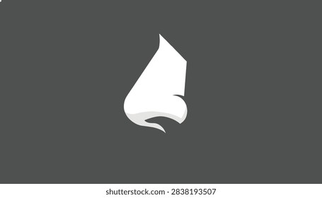 Abstract white stylized shape resembling a flame, a leaf, or a nose on a solid dark grey background.