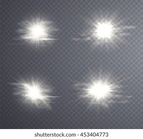 Abstract white sun flare, transparent light effect. Glow with rays.