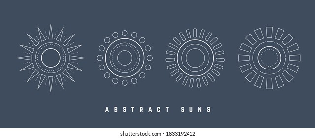 Abstract white Suns or moons. Minimalistic boho Icons. Thin lines style. Logo templates. Elegant geometric simple design. Trendy Vector Set. All elements are isolated on blue background