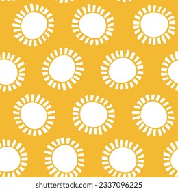 Abstract white suns seamless pattern on yellow background. Geometric circle repeat pattern in minimalist style. Farbric, paper, clothing summer design.