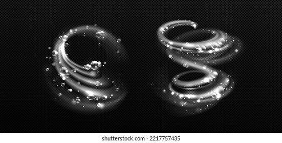 Abstract white swirl with bubbles png isolated on transparent background. Clean detergent wave, soap foam, freshness effect. Washing powder or shampoo ads design element. Realistic vector illustration