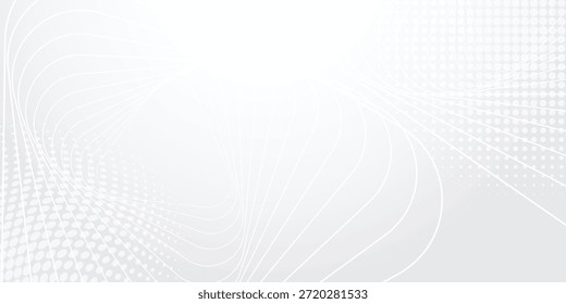 Abstractas fondo de tecnología blanca con elegantes líneas geométricas fluidas y patrones de puntos semitonos, con una estética minimalista moderna para Anuncios corporativos profesionales y carteles digitales