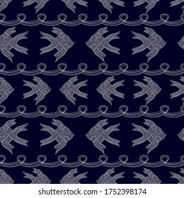 Resumen Tejidos de peces de carpa tailandesa blanca o estilo origami japonés aislados en fondo azul oscuro, ilustración vectorial, patrón sin costura para impresión de tela, papel tapiz, papel de envoltura de regalo