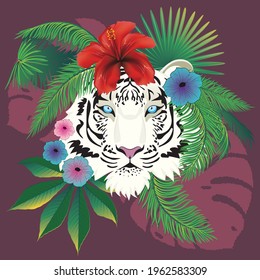 Abstract white tiger with blue eyes portrait with tropical leaves and flowers.