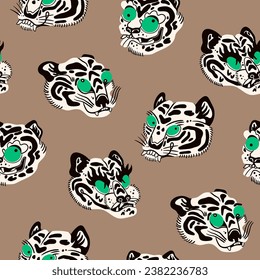 Abstract white Tigers or leopards. Unique, cartoon, quirky style. Hand drawn trendy Vector illustration. Funny characters. Wallpaper, poster, print template. Square seamless Pattern