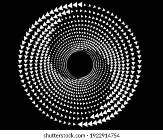 Abstract white tiny triangles in circle form. Geometric art. Halftone dots. Trendy design element for logo, tattoo, sign, symbol, web pages, prints, posters, template, pattern and abstract background