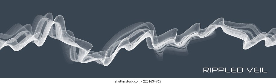 Abstract white transparent rippled veil on wide grey background. Subtle vector graphics