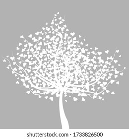 Abstract white tree with heart shape leaves, romantic greeting card
