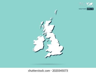 Abstract white United Kingdom (UK) map and black shadow on green background vector.