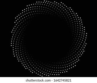 Abstract white vector halftone dots. Spiral form. Geometric art. Trendy design element for frame, logo, tattoo, sign, symbol, web, prints, posters, template, pattern and abstract background
