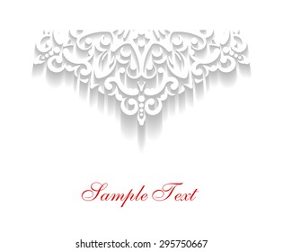 Abstract white vector lace design with half of decorative mandala with shadow and copyspace on a white background 
