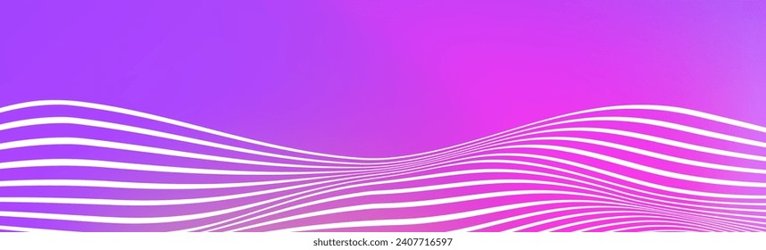 Abstrakte weiße Wellenlinien auf rosafarbenem violettem Farbverlauf-Hintergrund. Großer Banner mit kurvenförmigen flüssigen Streifen. Wavy Grenze Wallpaper für Fußzeile, Poster, Broschüre, Website, Cover, Header, Flyer. Fußzeilenvektor