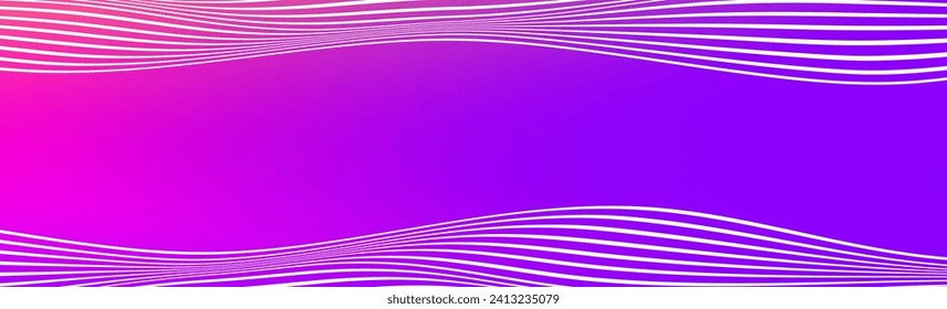 Abstract white wave lines on pink purple gradient background. Wide banner with curve liquid stripes. Wavy border wallpaper for footer, poster, brochure, website, cover, header, flyer. Vector border