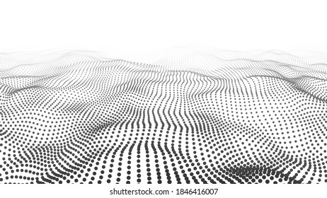 Abstract white wave with moving dots. Flow of particles. Vector cyber technology illustration.