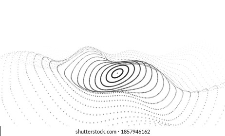 Ola blanca abstracta con puntos en movimiento. Flujo de partículas. Ilustración de la cibertecnología vectorial.