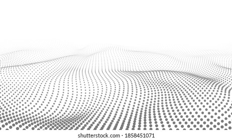 Abstract white wave with moving dots. Flow of particles. Vector cyber technology illustration.