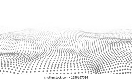 Abstract white wave with moving dots. Flow of particles. Vector cyber technology illustration.