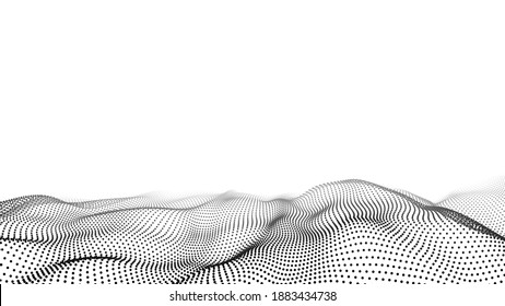 Abstract white wave with moving dots. Flow of particles. Vector cyber technology illustration.