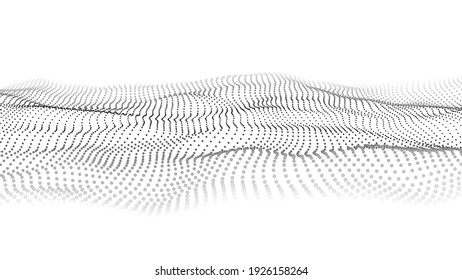 Abstract white wave with moving dots. Flow of particles. Vector cyber technology illustration.