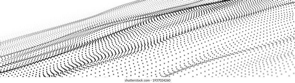 Ola blanca abstracta con puntos en movimiento. Flujo de partículas. Ilustración de la cibertecnología vectorial.