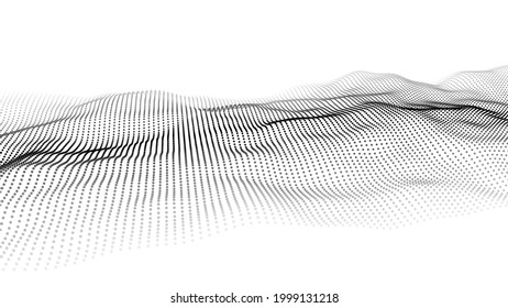 Abstract white wave with moving dots. Flow of particles. Vector cyber technology illustration.