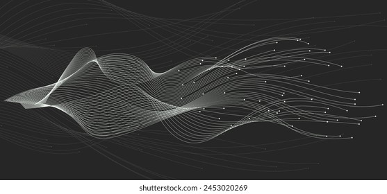 Abstract white wavy fluid lines in motion with small circles at the end isolated on a black background with editable stroke. High-speed lines concept for science, communication, AI, technology, 5G