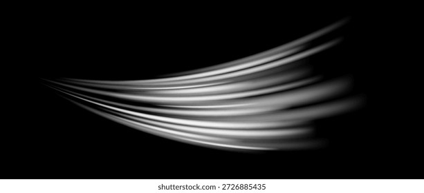 Efeito de linhas de vento brancas abstratas. Rastreamento de movimento de onda de fluxo de ar. Ilustração do projeto do caminho da faixa de splash ou oscilação. Elemento de velocidade curvo claro. conceito de sopro de ar condicionado. Plano de fundo de giro do vetor