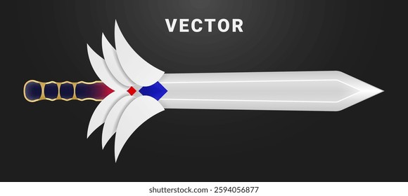 Abstract white wings sword icon with red and blue ruby