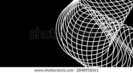 Abstract white wireframe geometric form with curved grid lines on a black background, creating a futuristic 3D digital concept with strong negative space for technology, networking, data visualization, science, and modern design.