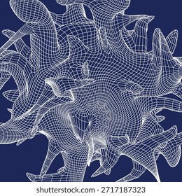 Abstraktes weißes Drahtgitter auf dunkelblauem Hintergrund, ein komplexes digitales Netzwerk oder futuristische geometrische Gitterstruktur im 3D-Renderstil, ein kompliziertes technologisches Muster oder virtuelles Web.