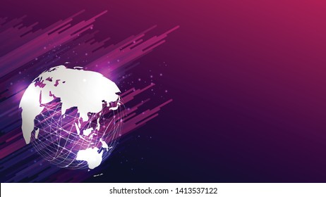 Abstract white world map on mesh sphere with glitter on gradient pink purple background. Size ratio 1920x1080 px. EPS10, vector, illustration.