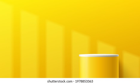 Abstract white and yellow cylinder platform podium. Window lighting. Bright yellow minimal wall scene. Vector rendering 3d shape for Product display presentation. Geometric pedestal with shadow. EPS10