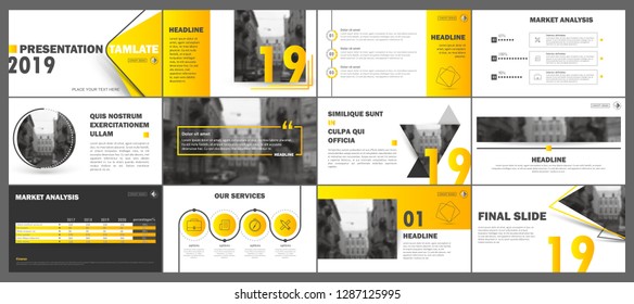 Abstract white, yellow presentation slides. Modern brochure cover design. Fancy info banner frame. Creative infographic elements set. Urban city font. Vector title sheet model. Ad flyer style template