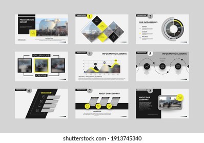 Abstract white, yellow presentation slides. Modern brochure cover design. Fancy info banner frame. Creative infographic elements set. Urban city font. Vector title sheet model. Ad flyer style template