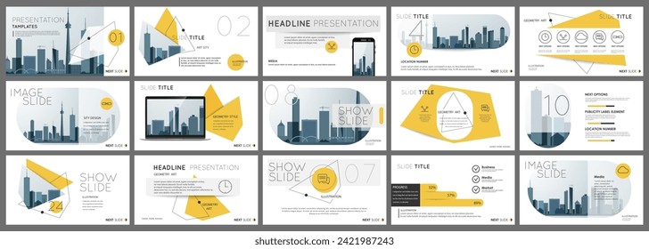 Abstract white, yellow slides. Brochure cover design. Fancy info banner frame. Creative set of infographic elements. Urban. Title sheet model set. Modern vector. Presentation templates, corporate.